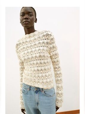Ecru Crochet Long-Sleeve Top - Women's sweater